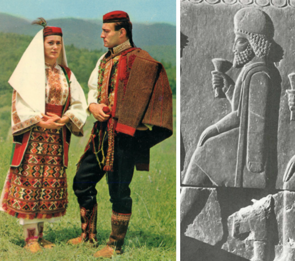 Traditional Croat attire side by side with a Mede nobleman at Persepolis