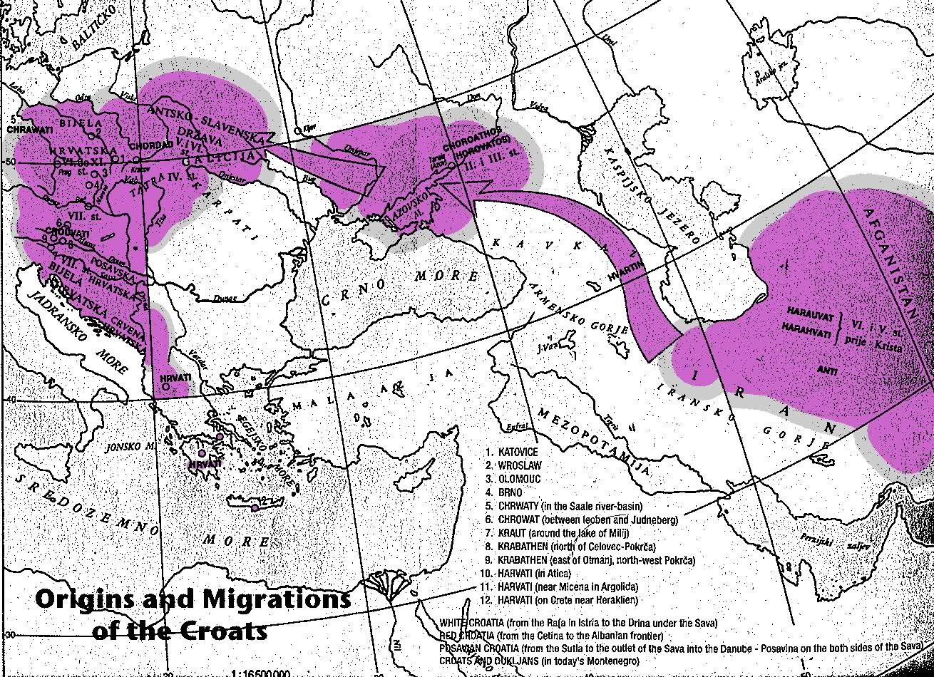 Origins and Migrations of the Croats — map from Iran through the Caucasus to the Balkans